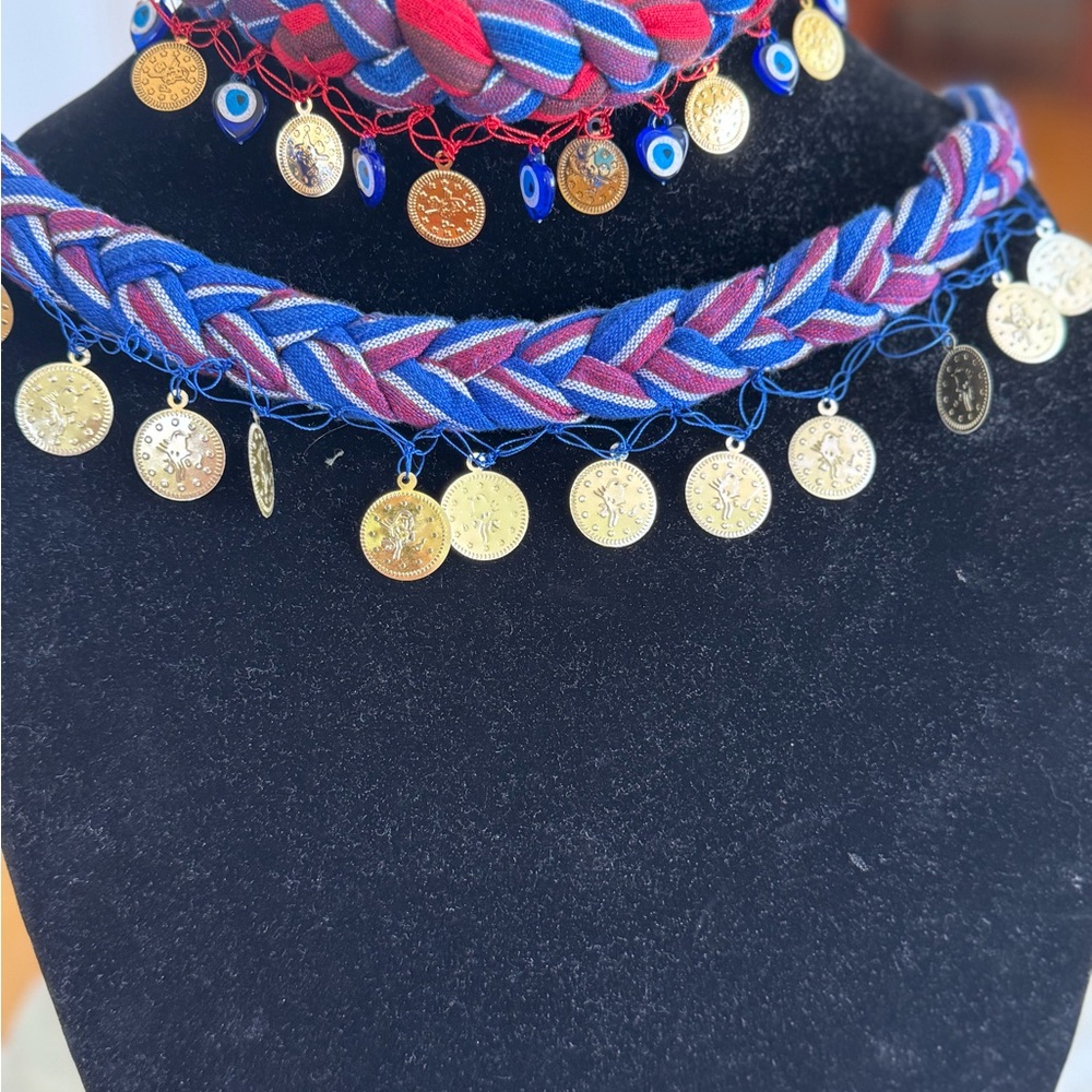 Gold Coin Multicolor Braided Headband and Necklace